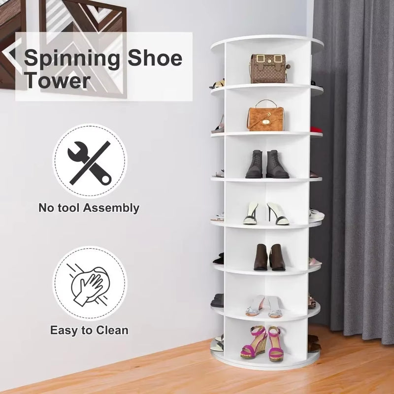 Shoe Rack 7-Tier Spinning, Free Standing Rotating Tower 360°, Easy to Assemble, Space-Saving,White Easy to Clean Shoe Cabinet