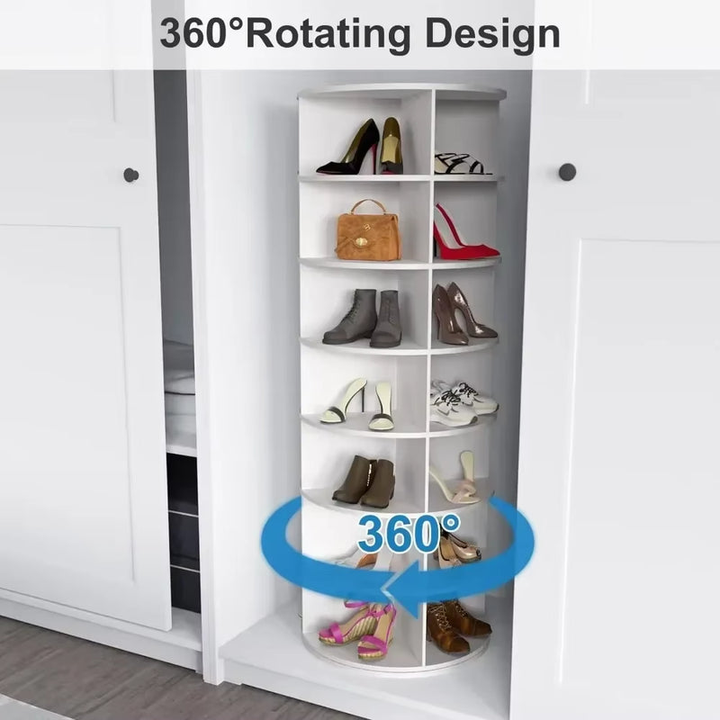 Shoe Rack 7-Tier Spinning, Free Standing Rotating Tower 360°, Easy to Assemble, Space-Saving,White Easy to Clean Shoe Cabinet