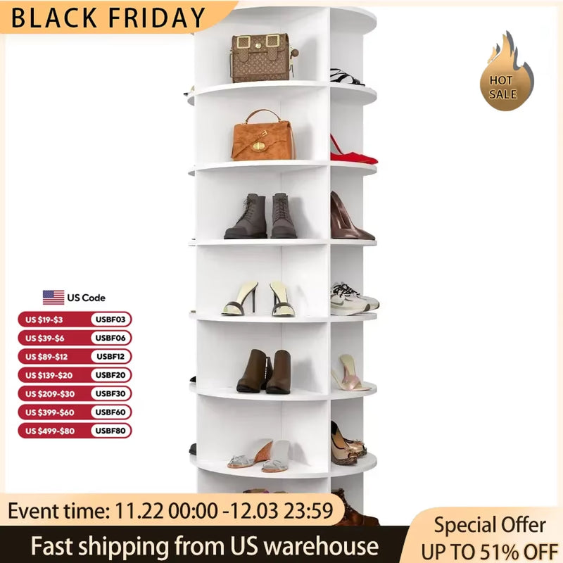 Shoe Rack 7-Tier Spinning, Free Standing Rotating Tower 360°, Easy to Assemble, Space-Saving,White Easy to Clean Shoe Cabinet