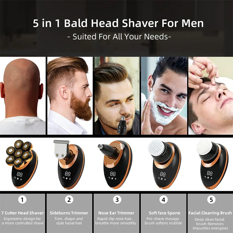 Men 7D Floating Men Electric Shaver Wet Dry Beard Hair Trimmer Electric Razor Rechargeable Bald Head Shaving Machine LCD Display